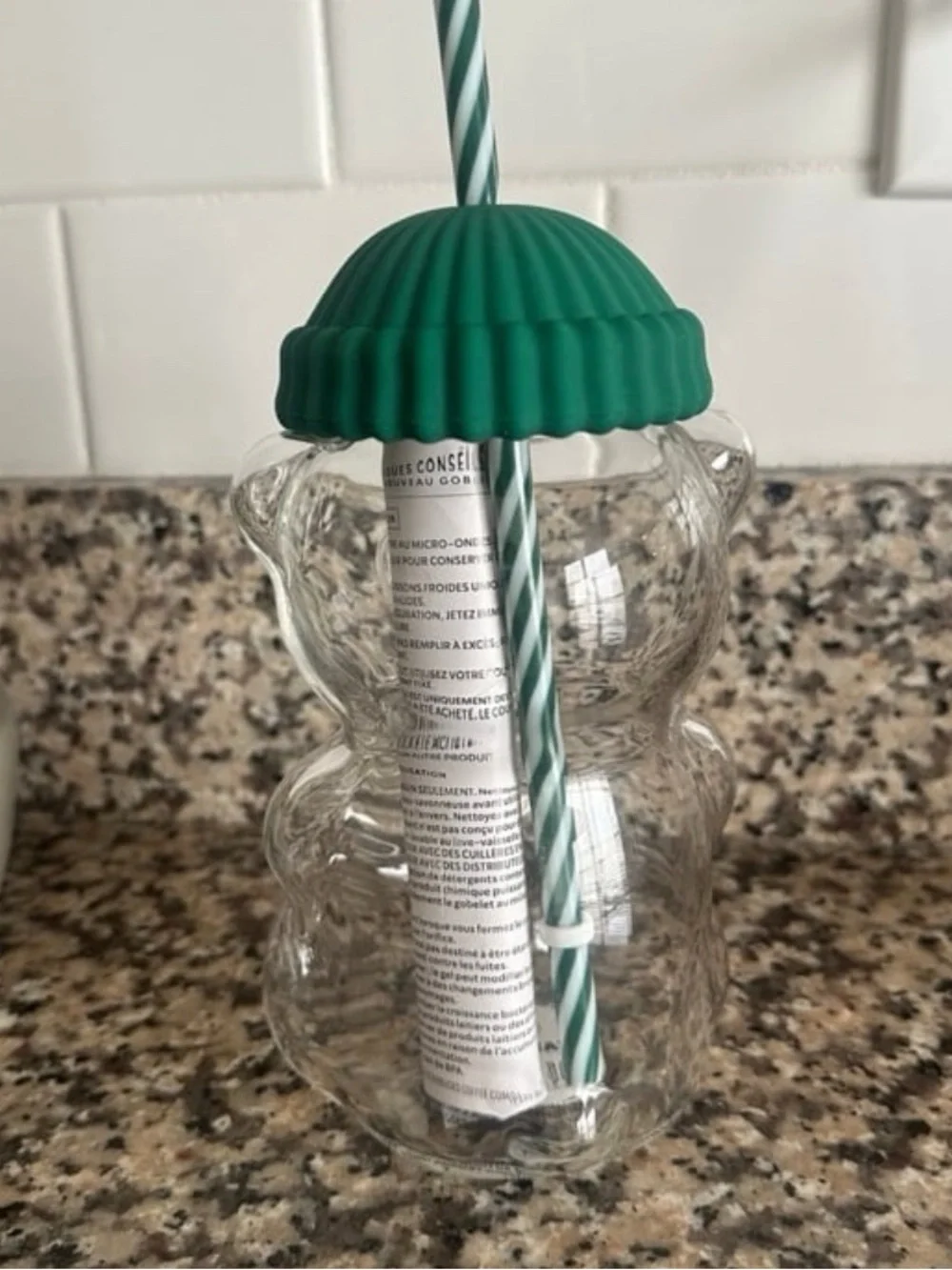 Starbucks Clear Bear Tumbler with Green Beanie Lid and Green-White Straw